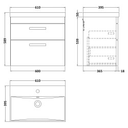 Athena 600mm Wall Hung Vanity & Thin-Edge Basin - Gloss White - Technical Drawing