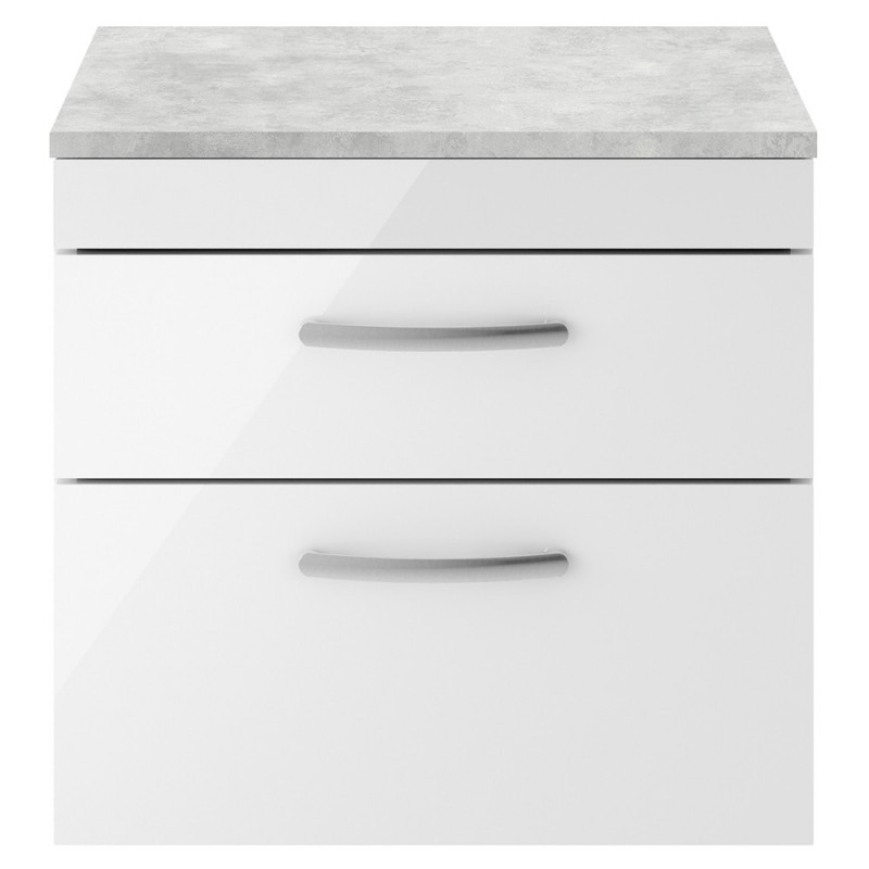 Athena 600mm 2 Drawer Wall Hung Vanity With Grey Worktop - Gloss White