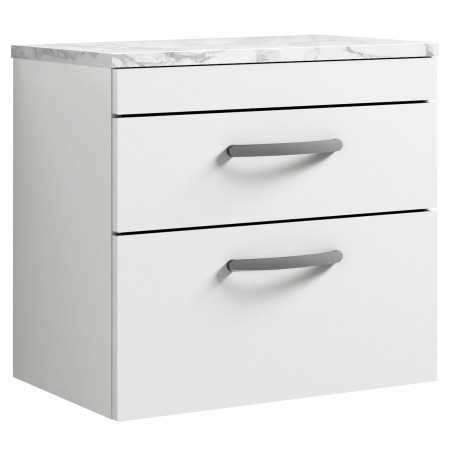 Athena 600mm Wall Hung 2 Drawer Unit & Laminate Worktop - Gloss White/Carrera Marble