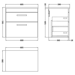 Athena 600mm Wall Hung 2 Drawer Unit & Laminate Worktop - Gloss White/Carrera Marble - Technical Drawing