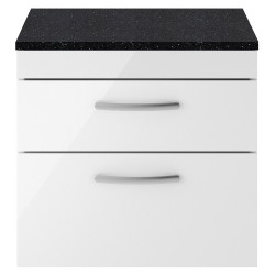 Athena 600mm 2 Drawer Wall Hung Vanity With Sparkling Black Worktop - Gloss White
