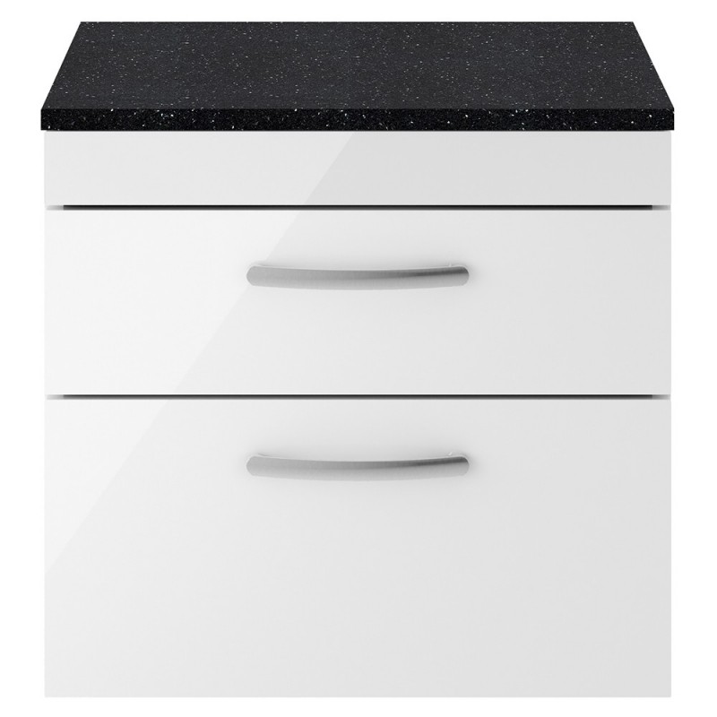 Athena 600mm 2 Drawer Wall Hung Vanity With Sparkling Black Worktop - Gloss White Athena 600mm 2 Drawer Wall Hung Vanity With Sparkling Black Worktop - Gloss White