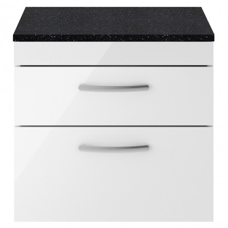 Athena 600mm 2 Drawer Wall Hung Vanity With Sparkling Black Worktop - Gloss White