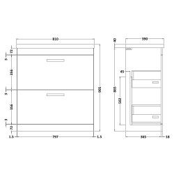 Athena 800mm Freestanding Cabinet & Mid-Edge Basin - Gloss White - Technical Drawing