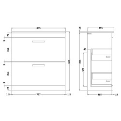 Athena 800mm Freestanding Cabinet & Minimalist Basin - Gloss White - Technical Drawing