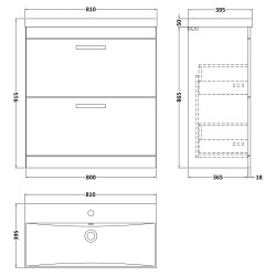 Athena 800mm Freestanding Cabinet & Thin-Edge Basin - Gloss White - Technical Drawing