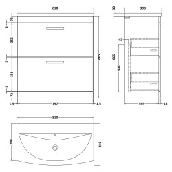 Athena 800mm Freestanding Vanity With Curved Basin - Gloss White - Technical Drawing