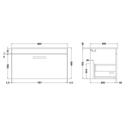 Athena 800mm Wall Hung Cabinet & Minimalist Basin - Anthracite Woodgrain - Technical Drawing