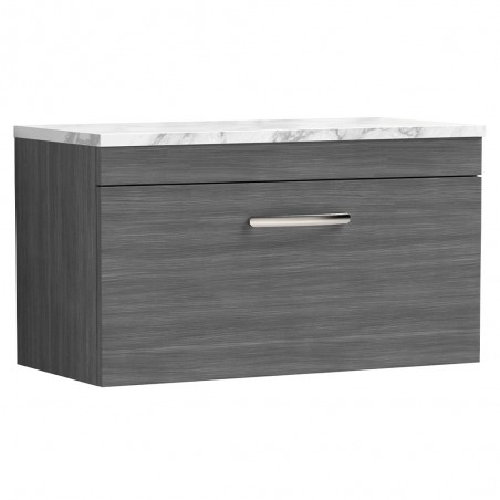 Athena 800mm Wall Hung Single Drawer Unit & Laminate Worktop - Anthracite Woodgrain/Carrera Marble