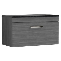 Athena 800mm Single Drawer Wall Hung Vanity With Sparkling Black Worktop - Anthracite Woodgrain