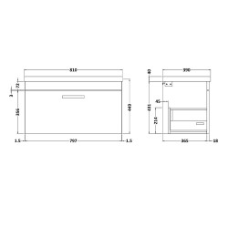 Athena 800mm Wall Hung Cabinet & Mid-Edge Basin - Charcoal Black Woodgrain - Technical Drawing