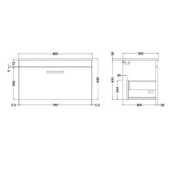 Athena 800mm Wall Hung Cabinet & Minimalist Basin - Charcoal Black Woodgrain - Technical Drawing