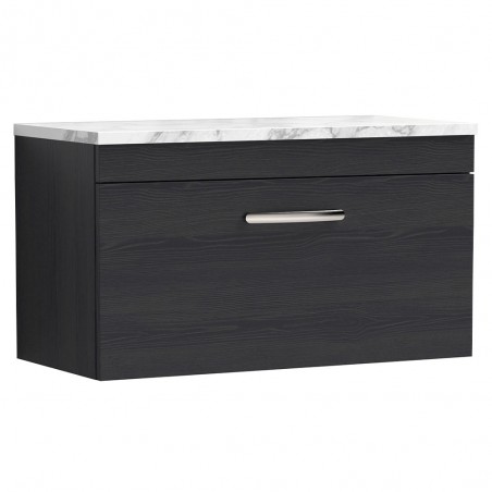 Athena 800mm Wall Hung Single Drawer Unit & Laminate Worktop - Charcoal Black Woodgrain/Carrera Marble