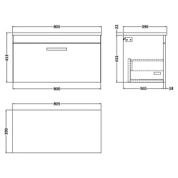 Athena 800mm Wall Hung Single Drawer Unit & Laminate Worktop - Charcoal Black Woodgrain/Carrera Marble - Technical Drawing