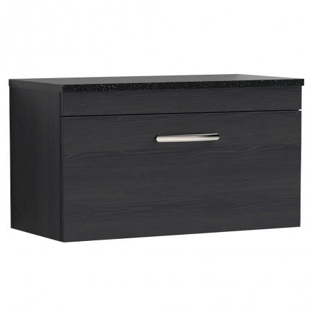 Athena 800mm Single Drawer Wall Hung Vanity With Sparkling Black Worktop - Charcoal Black Woodgrain