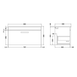 Athena 800mm Wall Hung Cabinet & Worktop - Charcoal Black Woodgrain - Technical Drawing