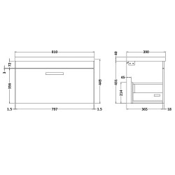 Athena 800mm Wall Hung Cabinet & Mid-Edge Basin - Gloss White - Technical Drawing