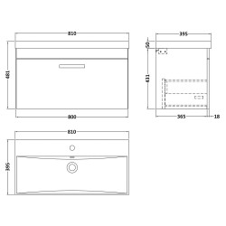Athena 800mm Wall Hung Vanity With Thin-Edge Basin Single Drawer - Gloss White - Technical Drawing