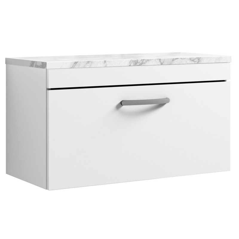 Athena 800mm Wall Hung Single Drawer Unit & Laminate Worktop - Gloss White/Carrera Marble