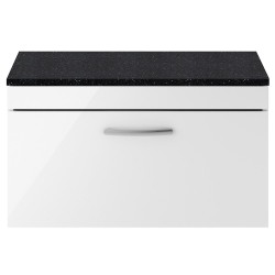 Athena 800mm Single Drawer Wall Hung Vanity With Sparkling Black Worktop - Gloss White