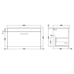 Athena 800mm Single Drawer Wall Hung Vanity With Sparkling White Worktop - Gloss White - Technical Drawing