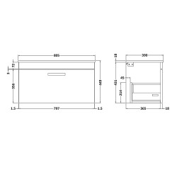 Athena 800mm Wall Hung Cabinet & Worktop - Gloss White - Technical Drawing