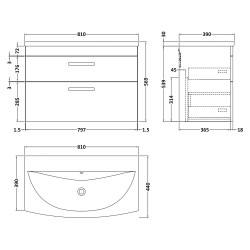 Athena 800mm Wall Hung Vanity With Curved Basin - Anthracite Woodgrain - Technical Drawing