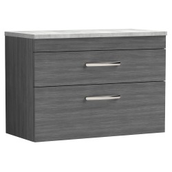Athena 800mm 2 Drawer Wall Hung Vanity With Grey Worktop - Anthracite Woodgrain