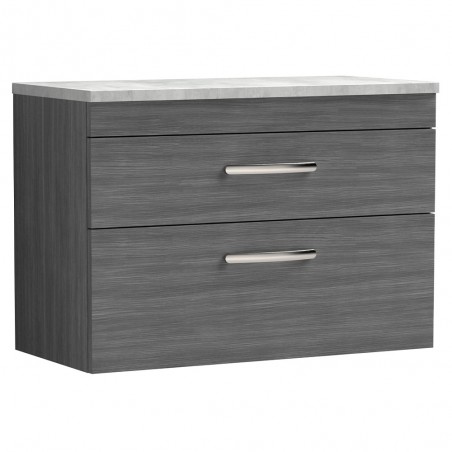 Athena 800mm 2 Drawer Wall Hung Vanity With Grey Worktop - Anthracite Woodgrain