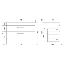 Athena 800mm 2 Drawer Wall Hung Vanity With Grey Worktop - Anthracite Woodgrain - Technical Drawing