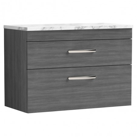 Athena 800mm Wall Hung 2 Drawer Unit & Laminate Worktop - Anthracite Woodgrain/Carrera Marble