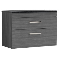 Athena 800mm 2 Drawer Wall Hung Vanity With Sparkling Black Worktop - Anthracite Woodgrain