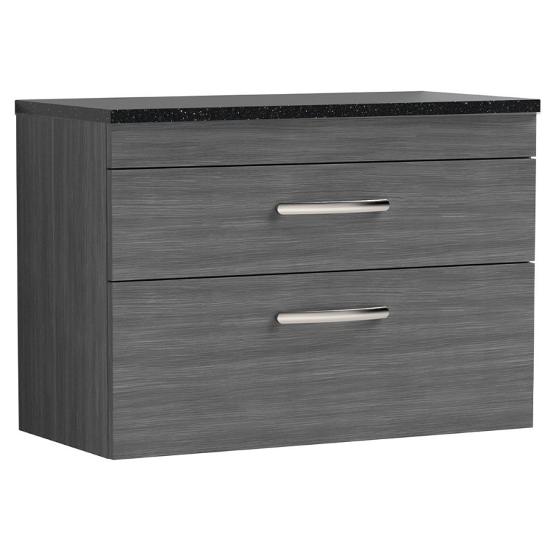Athena 800mm 2 Drawer Wall Hung Vanity With Sparkling Black Worktop - Anthracite Woodgrain Athena 800mm 2 Drawer Wall Hung Vanity With Sparkling Black Worktop - Anthracite Woodgrain