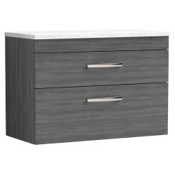 Athena 800mm 2 Drawer Wall Hung Vanity With Sparkling White Worktop - Anthracite Woodgrain
