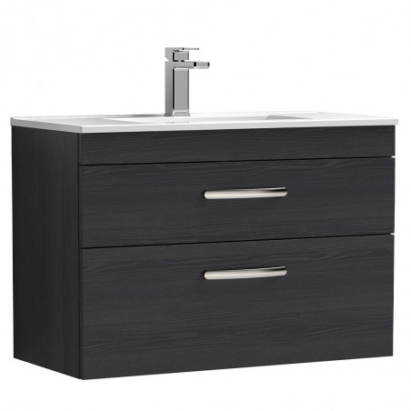 Athena 800mm Wall Hung Cabinet & Minimalist Basin - Charcoal Black Woodgrain