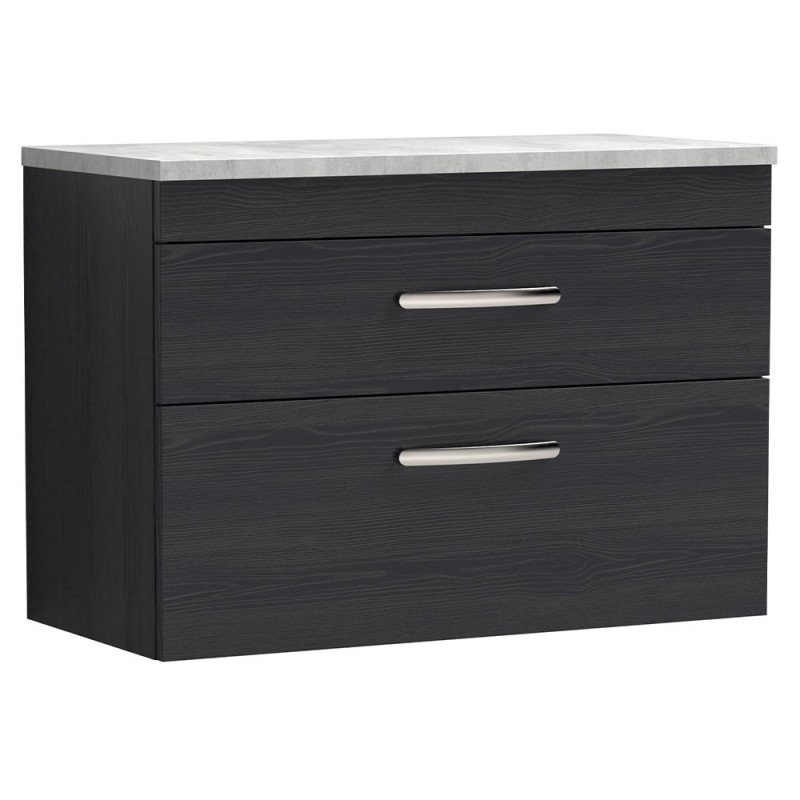 Athena 800mm 2 Drawer Wall Hung Vanity With Grey Worktop - Charcoal Black Woodgrain Athena 800mm 2 Drawer Wall Hung Vanity With Grey Worktop - Charcoal Black Woodgrain