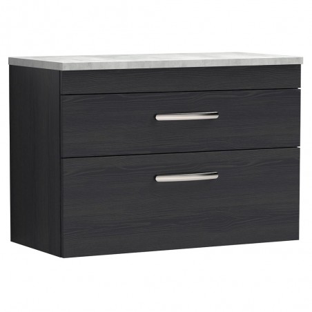 Athena 800mm 2 Drawer Wall Hung Vanity With Grey Worktop - Charcoal Black Woodgrain