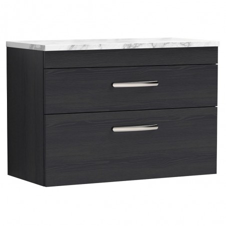 Athena 800mm Wall Hung 2 Drawer Unit & Laminate Worktop - Charcoal Black Woodgrain/Carrera Marble