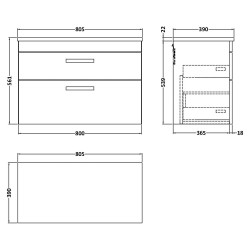 Athena 800mm Wall Hung 2 Drawer Unit & Laminate Worktop - Charcoal Black Woodgrain/Carrera Marble - Technical Drawing