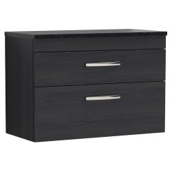 Athena 800mm 2 Drawer Wall Hung Vanity With Sparkling Black Worktop - Charcoal Black Woodgrain