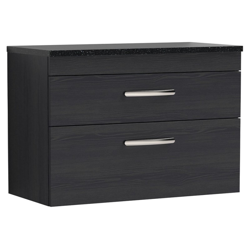 Athena 800mm 2 Drawer Wall Hung Vanity With Sparkling Black Worktop - Charcoal Black Woodgrain Athena 800mm 2 Drawer Wall Hung Vanity With Sparkling Black Worktop - Charcoal Black Woodgrain