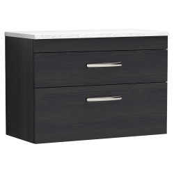 Athena 800mm 2 Drawer Wall Hung Vanity With Sparkling White Worktop - Charcoal Black Woodgrain