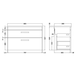 Athena 800mm Wall Hung Cabinet & Worktop - Charcoal Black Woodgrain - Technical Drawing