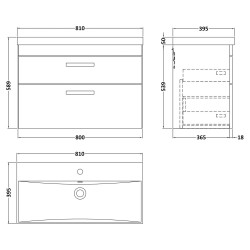 Athena 800mm Wall Hung Vanity With Thin-Edge Basin 2 Drawers - Gloss White - Technical Drawing