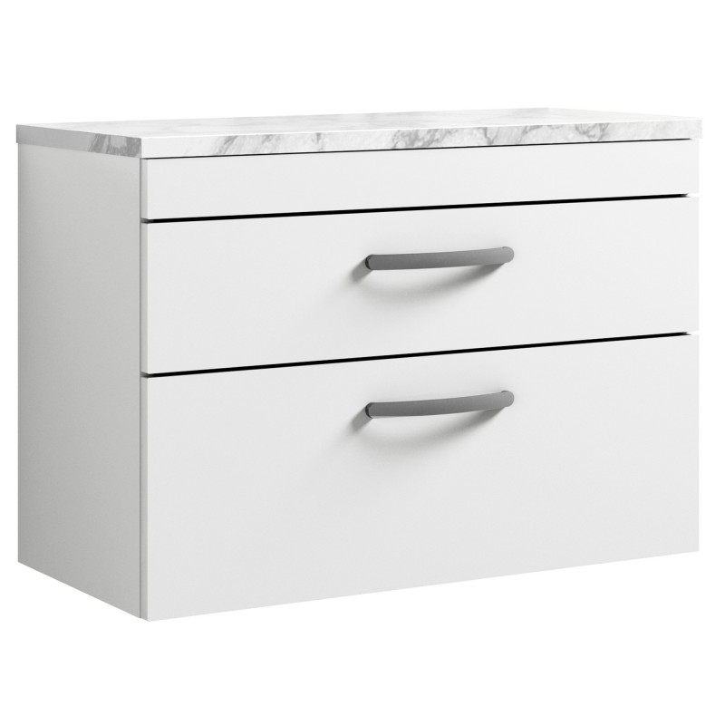 Athena 800mm Wall Hung 2 Drawer Unit & Laminate Worktop - Gloss White/Carrera Marble