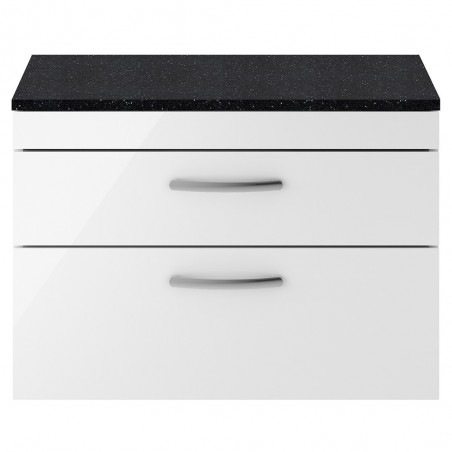 Athena 800mm 2 Drawer Wall Hung Vanity With Sparkling Black Worktop - Gloss White