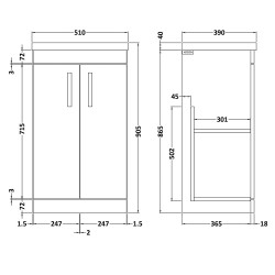 Athena 500mm Freestanding Cabinet & Mid-Edge Basin - Gloss Grey - Technical Drawing