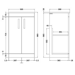 Athena 500mm Freestanding Cabinet & Worktop - Gloss Grey - Technical Drawing