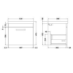 Athena 500mm Wall Hung Cabinet & Mid-Edge Basin - Gloss Grey - Technical Drawing