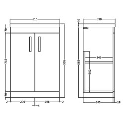 Athena 500mm Freestanding Cabinet & Mid-Edge Basin - Gloss Grey - Technical Drawing